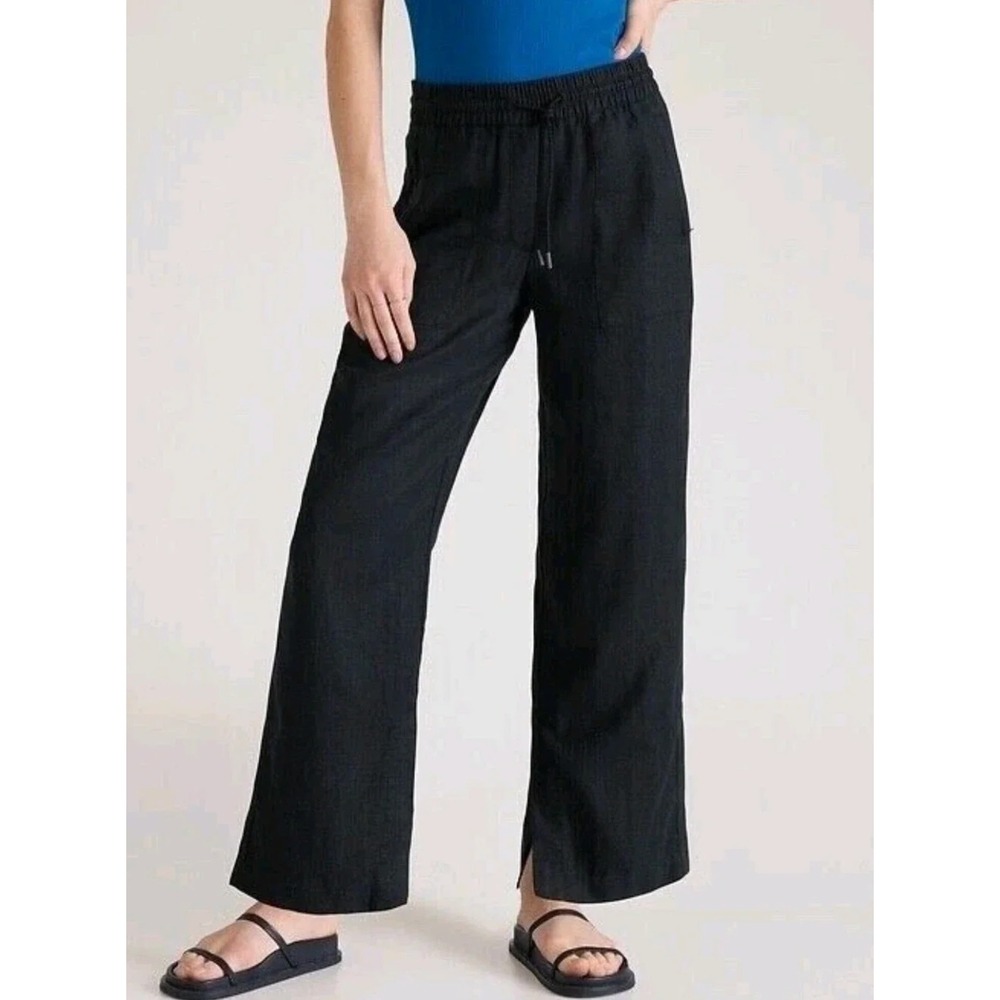 Athleta Retreat Linen High Rise Wide Leg Pant Size Medium Tall Black Vacation